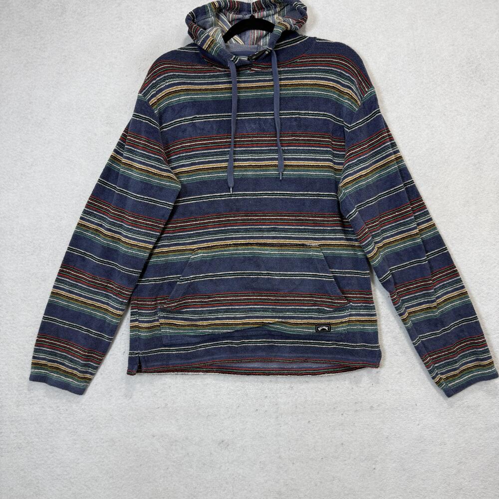 Billabong Hoodie Mens Medium Blue Striped Terry Pullover Kangaroo Pocket Logo